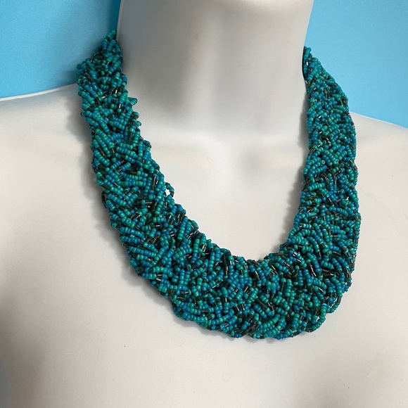 Seed Bead Necklace Wide Braided Artisan Made Blue Green - Picture 4 of 8